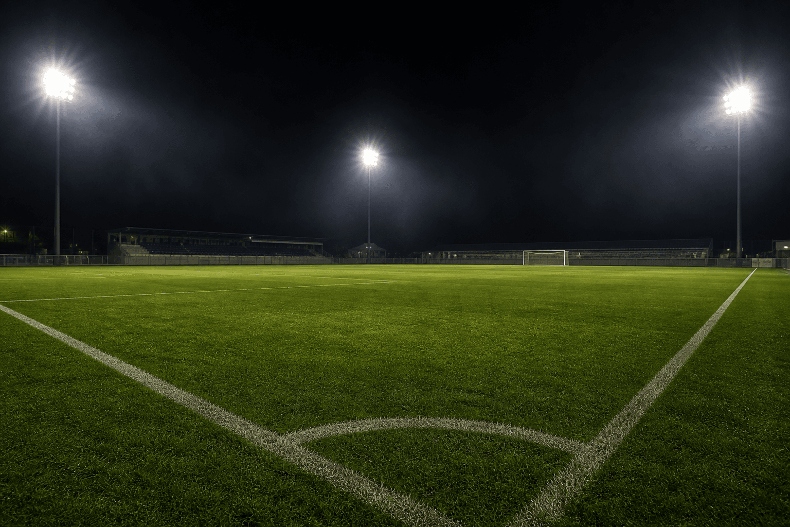 Floodlit football turf venue at night