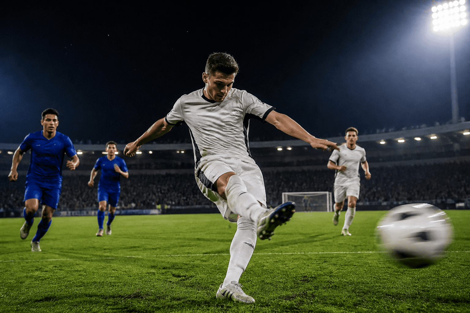 Footballers competing under floodlights