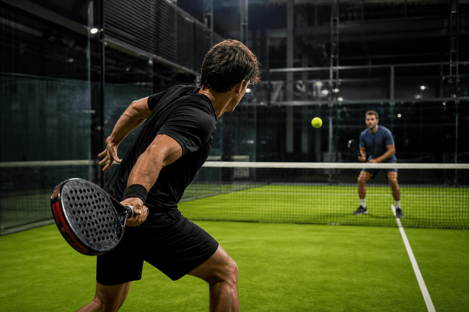 Intense padel rally mid-match